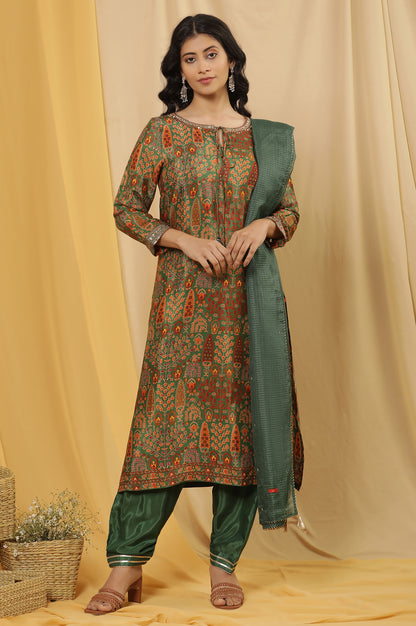 Green Printed Festive Kurta, Salwar Pants And Dupatta Set