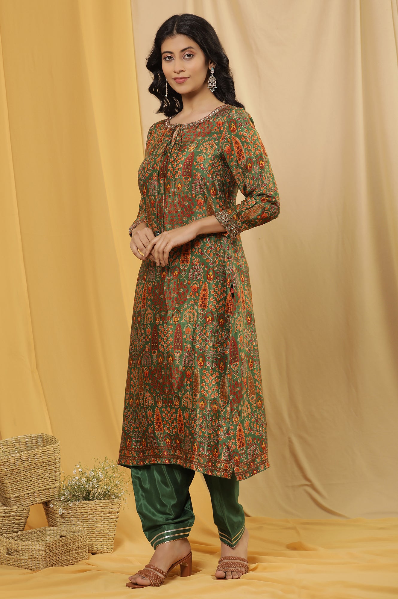 Green Printed Festive Kurta, Salwar Pants And Dupatta Set