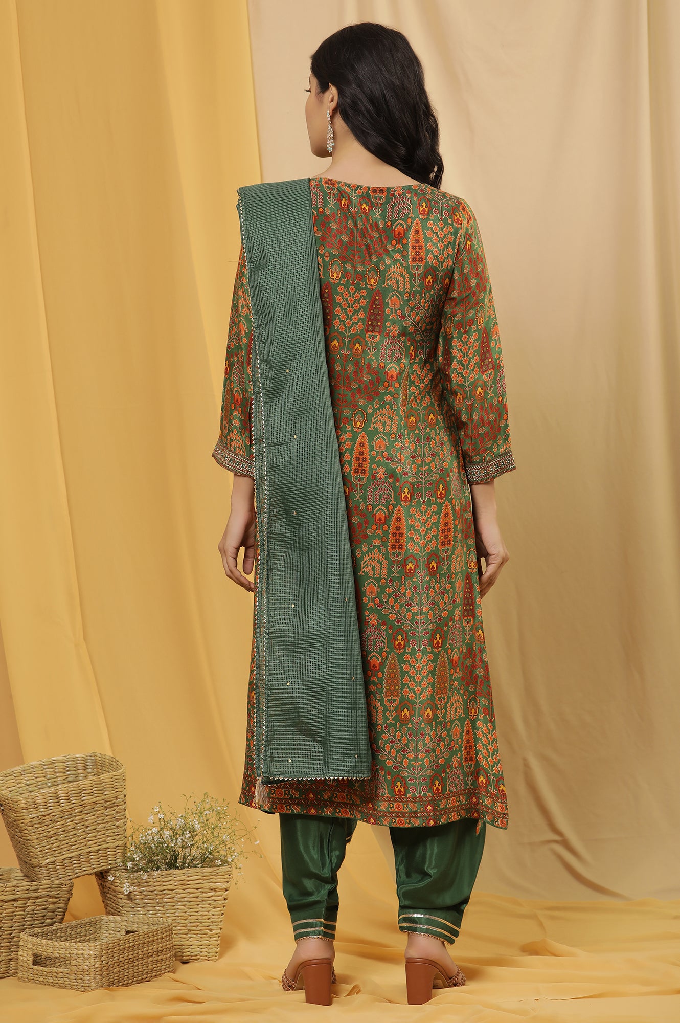 Green Printed Festive Kurta, Salwar Pants And Dupatta Set