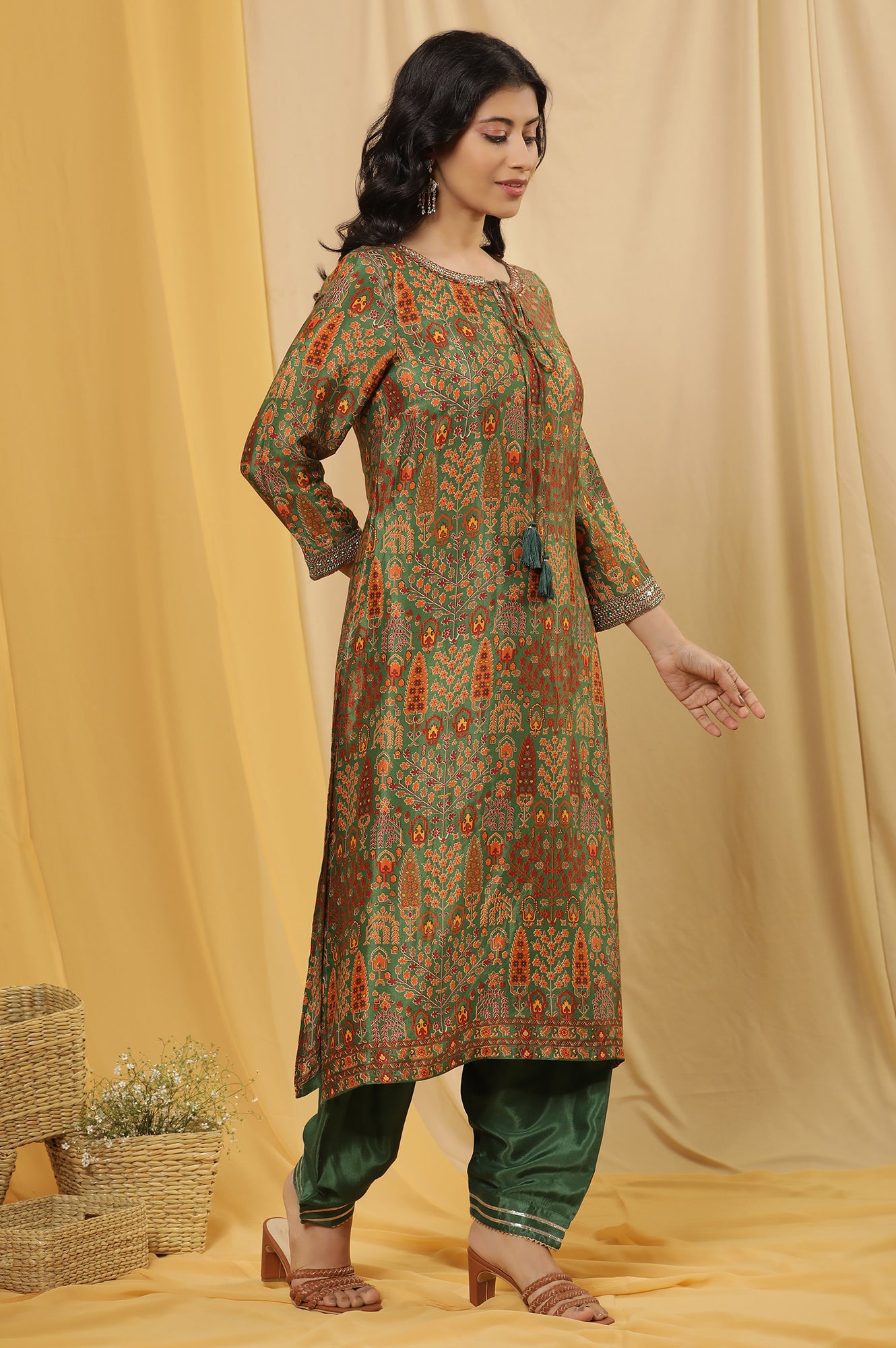 Green Printed Festive Kurta, Salwar Pants And Dupatta Set