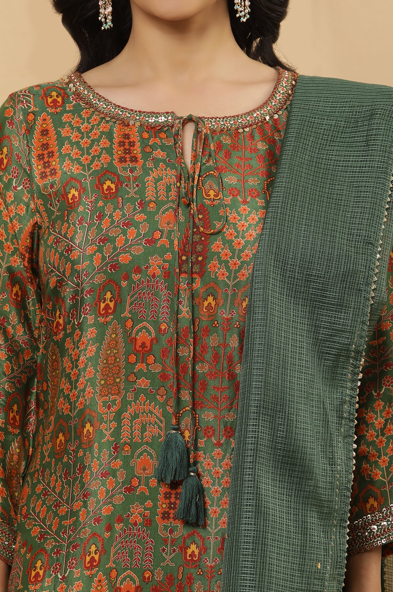 Green Printed Festive Kurta, Salwar Pants And Dupatta Set