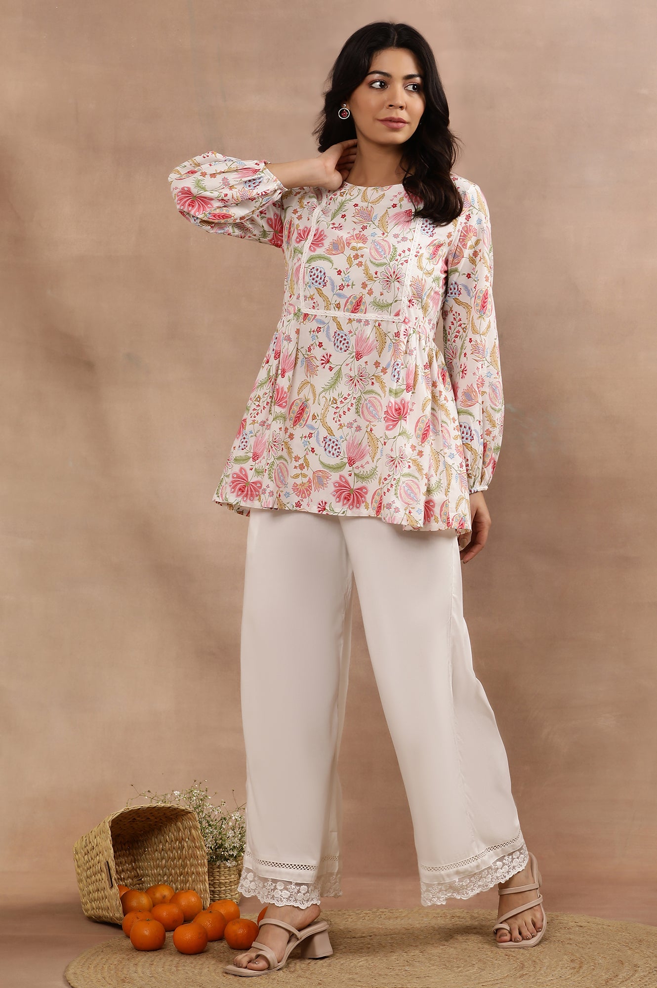 White Floral Printed Top And Parallel Pants Set