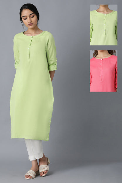 Green And Pink Solid Thread Work Straight Kurta Combo - wforwoman