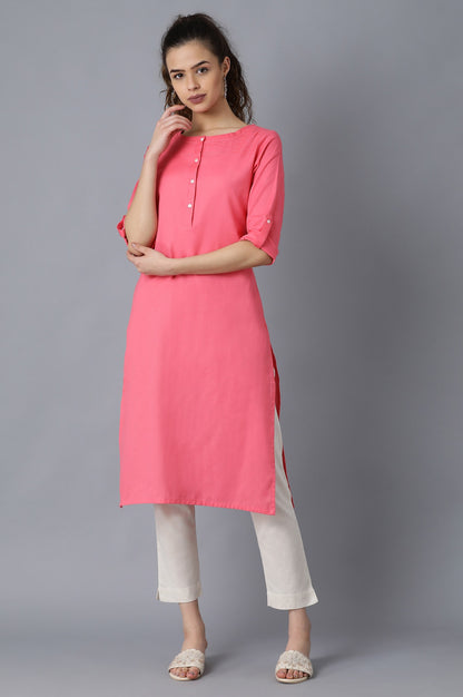 Green And Pink Solid Thread Work Straight Kurta Combo - wforwoman