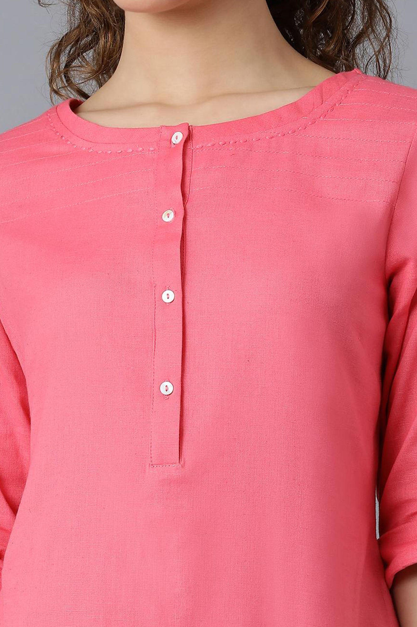 Green And Pink Solid Thread Work Straight Kurta Combo - wforwoman