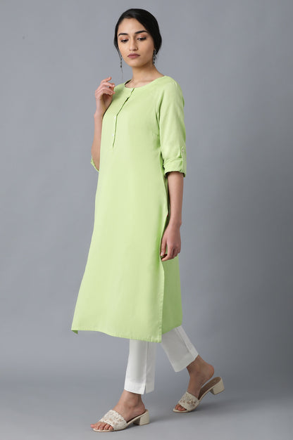 Green And Pink Solid Thread Work Straight Kurta Combo - wforwoman