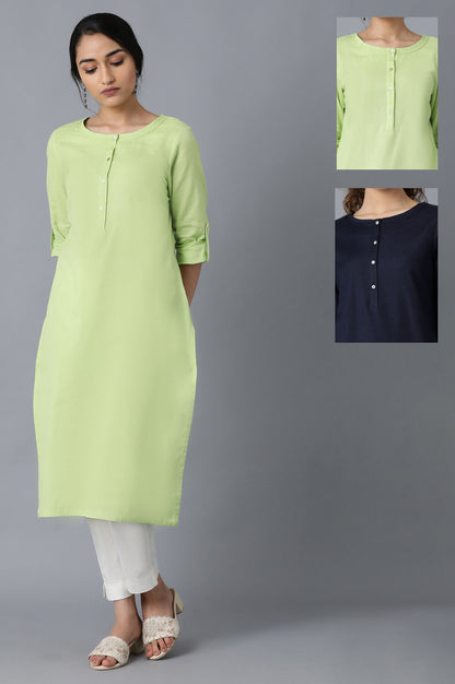 Green And Blue Solid Thread Work Straight Kurta Combo - wforwoman