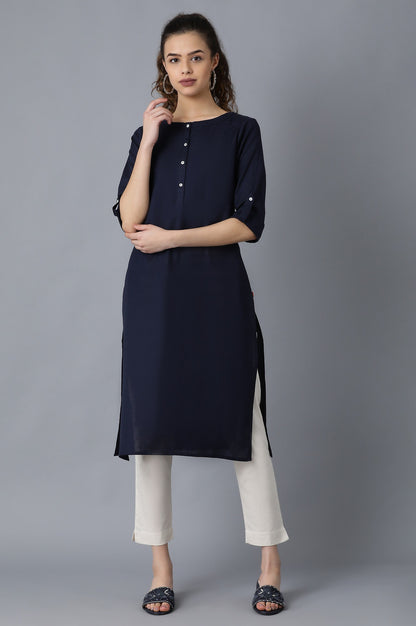 Green And Blue Solid Thread Work Straight Kurta Combo - wforwoman