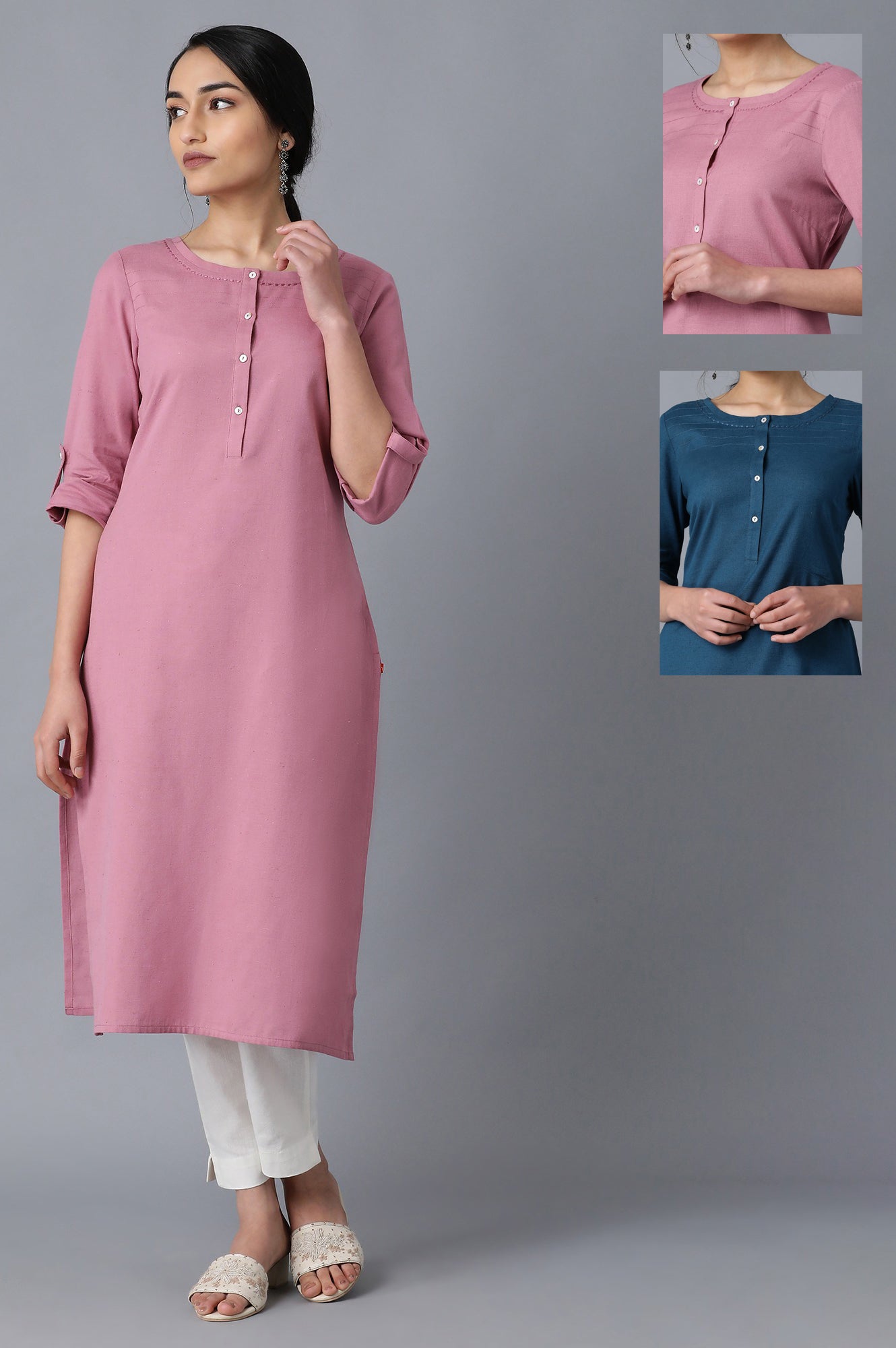 Mauve And Blue Solid Thread Work Straight Cotton Flax Kurta Combo - wforwoman