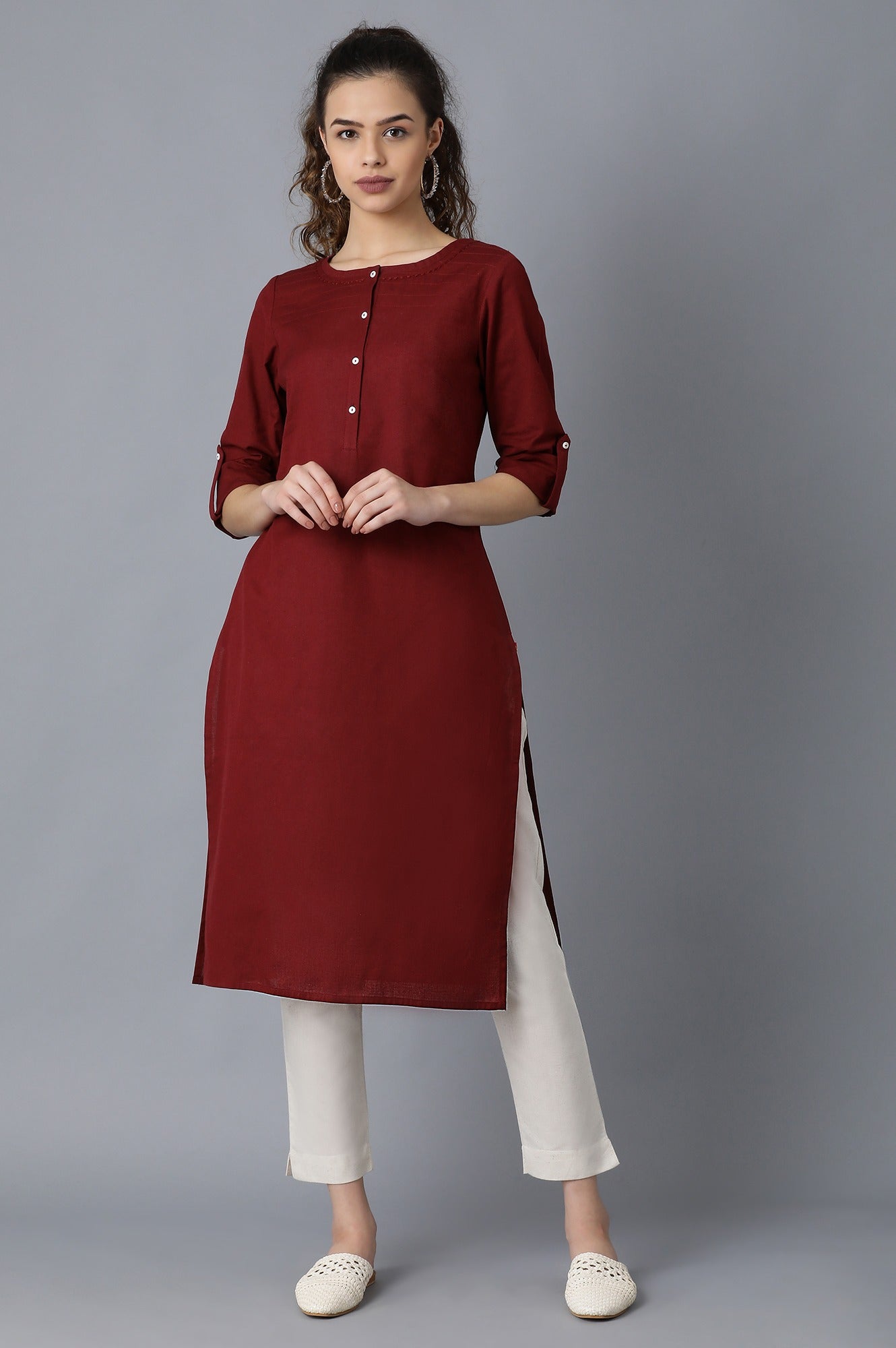 Peach And Maroon Solid Thread Work Straight Cotton Flax Kurta Combo - wforwoman