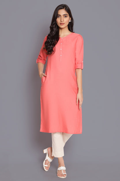 Yellow And Peach Solid Thread Work Straight Cotton Flax Kurta Combo - wforwoman