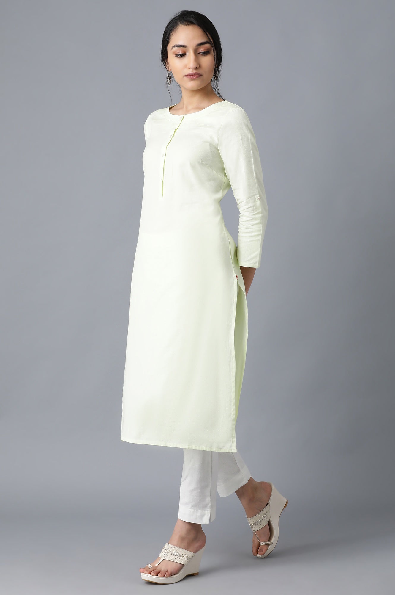 Yellow And Peach Solid Thread Work Straight Cotton Flax Kurta Combo - wforwoman