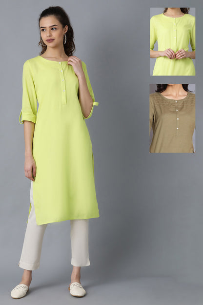 Yellow And Green Solid Thread Work Straight Cotton Flax Kurta Combo - wforwoman