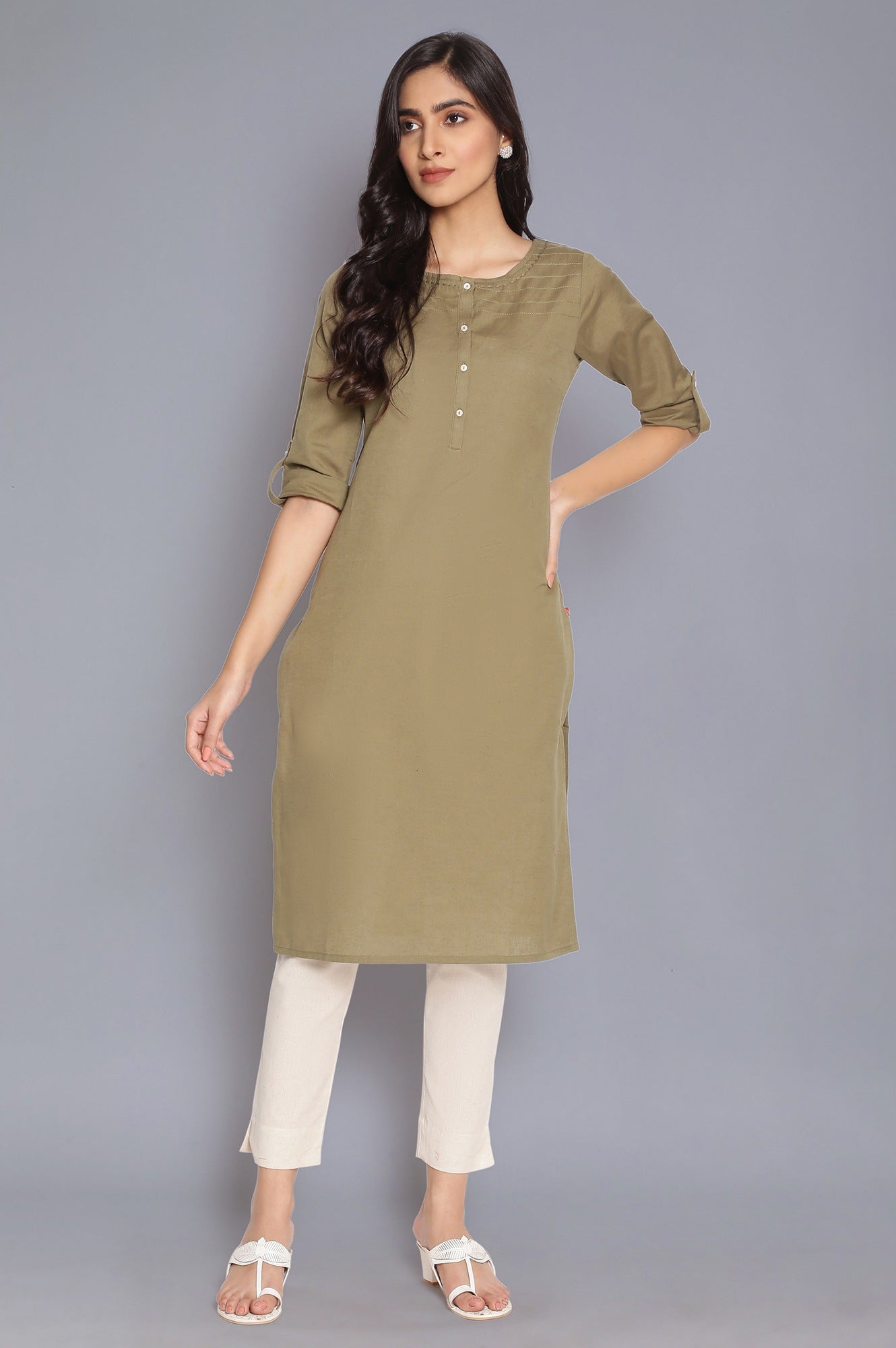 Yellow And Green Solid Thread Work Straight Cotton Flax Kurta Combo - wforwoman