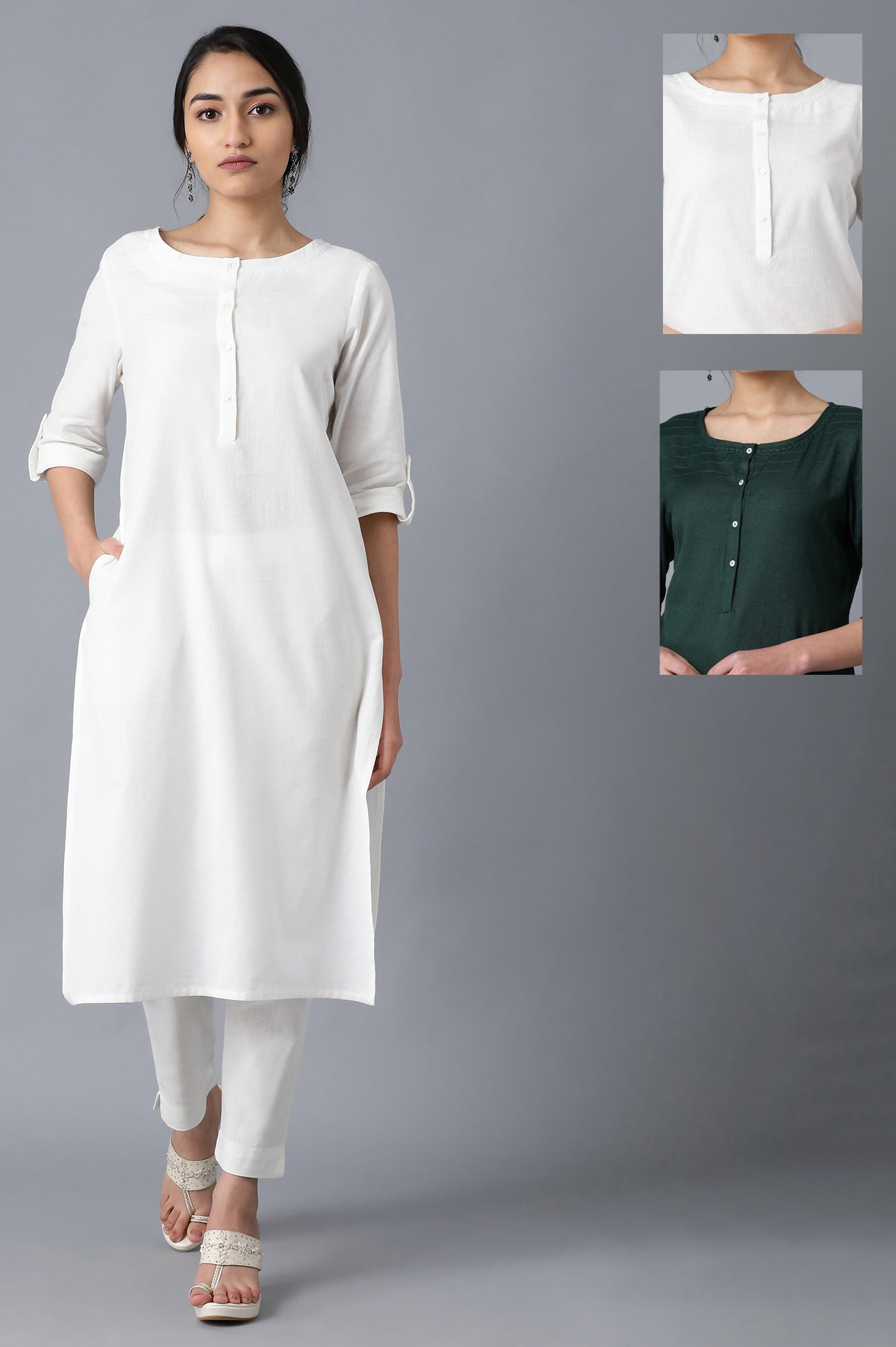 White And Dark Green Solid Thread Work Straight Cotton Flax Kurta Combo - wforwoman