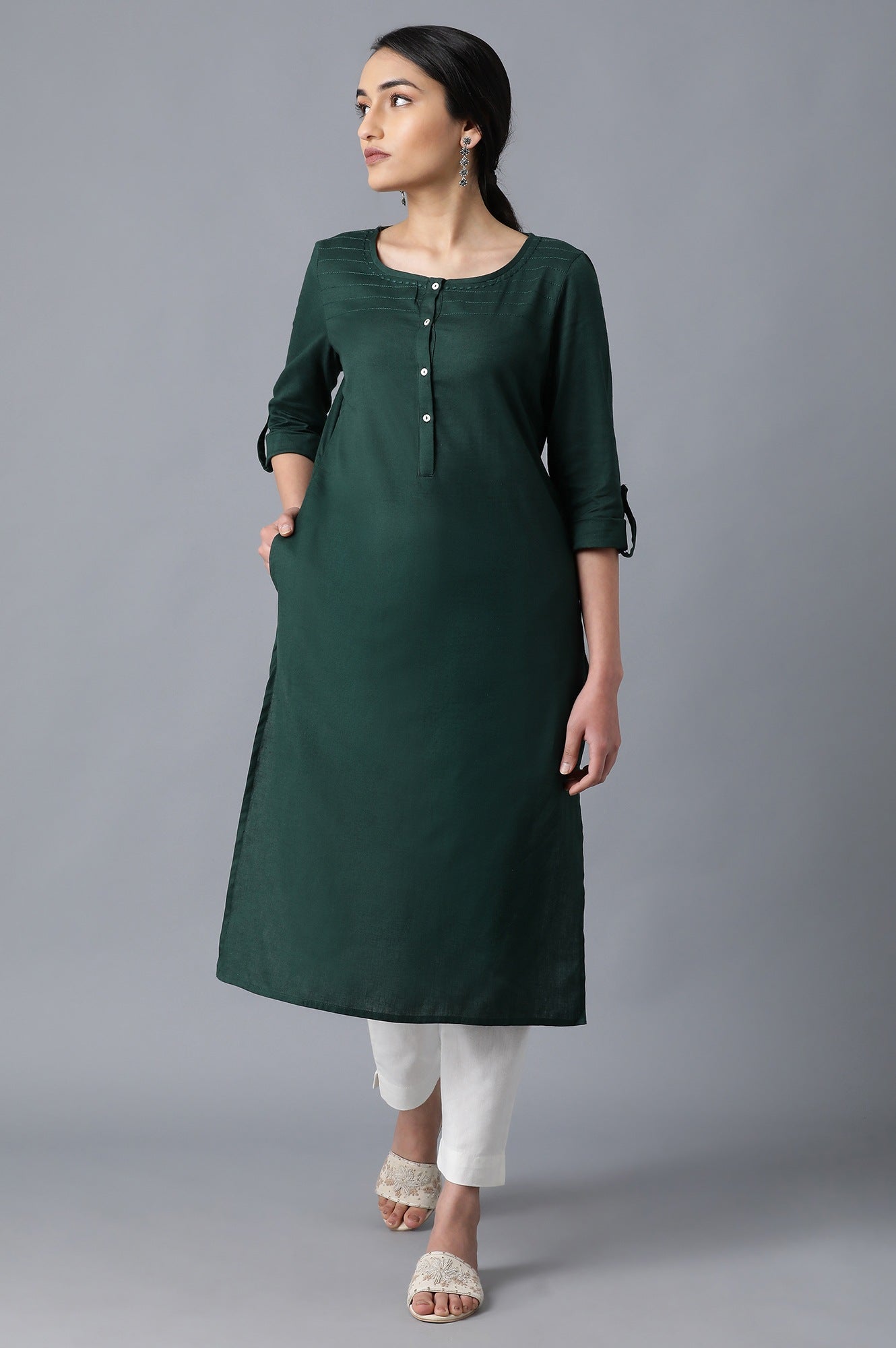 White And Dark Green Solid Thread Work Straight Cotton Flax Kurta Combo - wforwoman