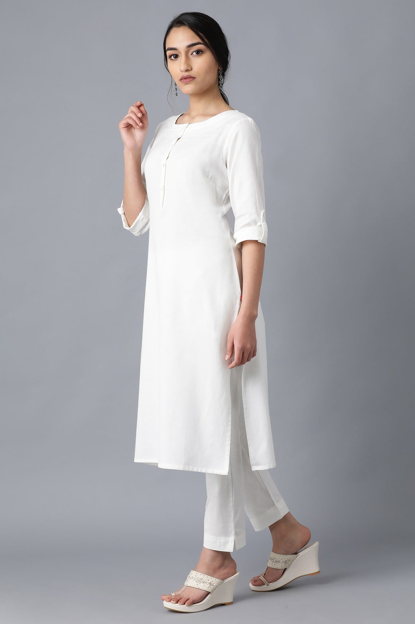 White And Dark Green Solid Thread Work Straight Cotton Flax Kurta Combo - wforwoman