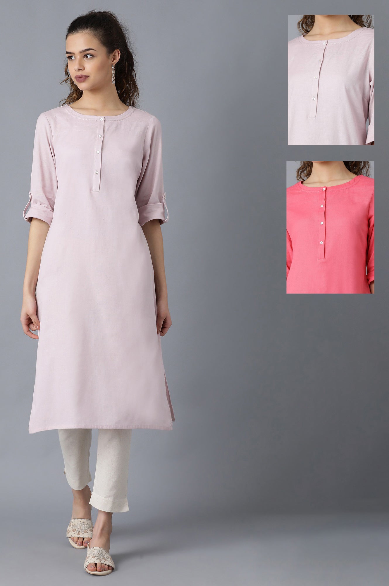 Light Purple And Pink Solid Thread Work Straight Cotton Flax Kurta Combo - wforwoman