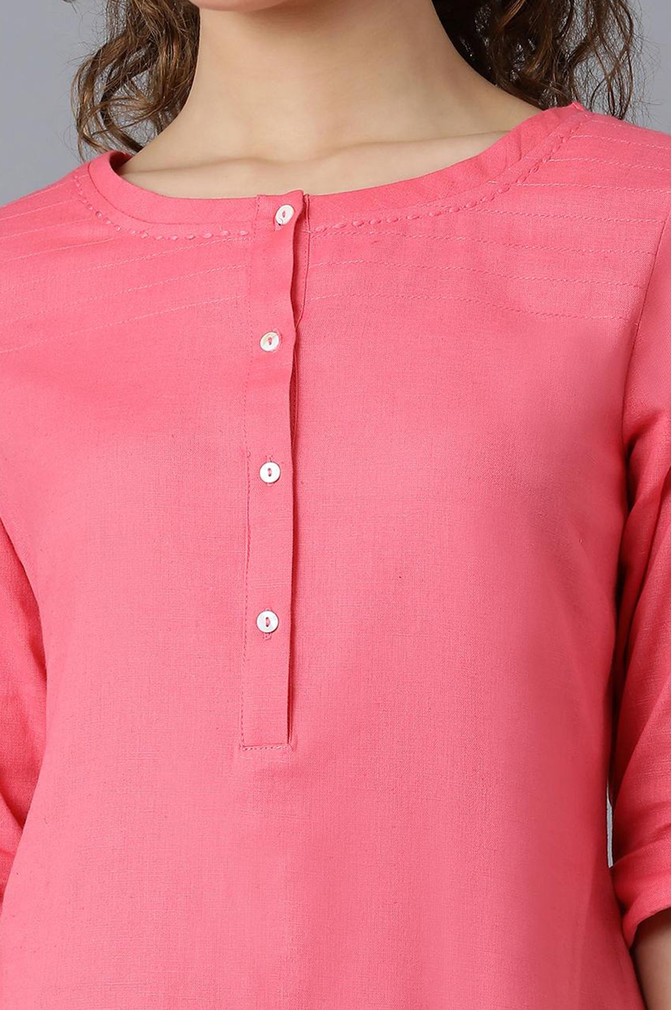 Light Purple And Pink Solid Thread Work Straight Cotton Flax Kurta Combo - wforwoman