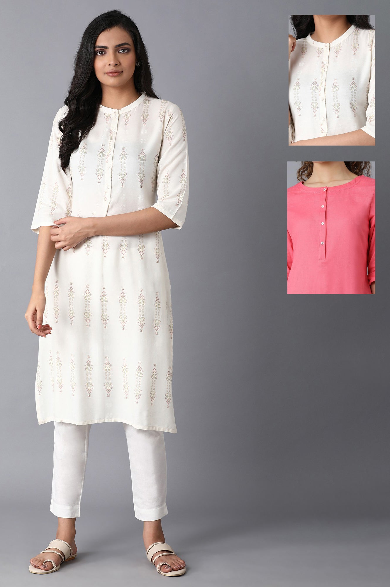 Printed White Kurta And Pink Thread Work Kurta Combo - wforwoman