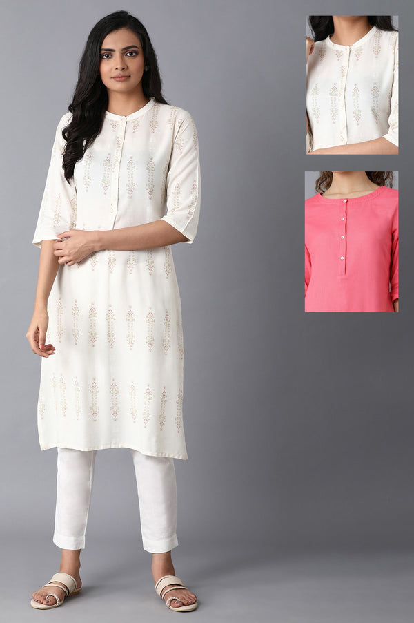 Printed White Kurta And Pink Thread Work Kurta Combo
