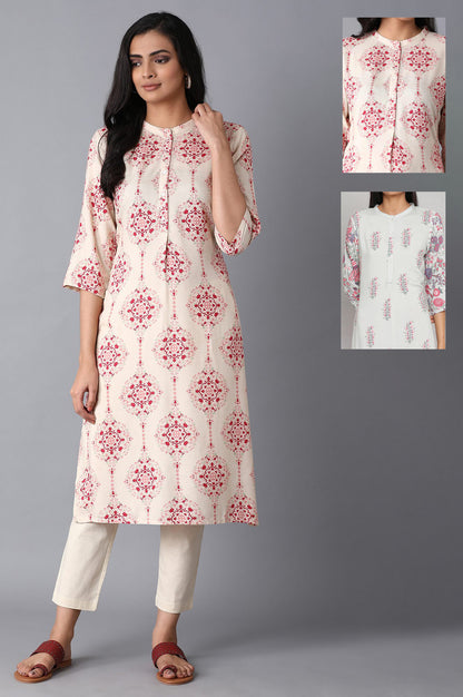 Beige And Green Printed Straight Mandarin Collar Kurta Combo - wforwoman