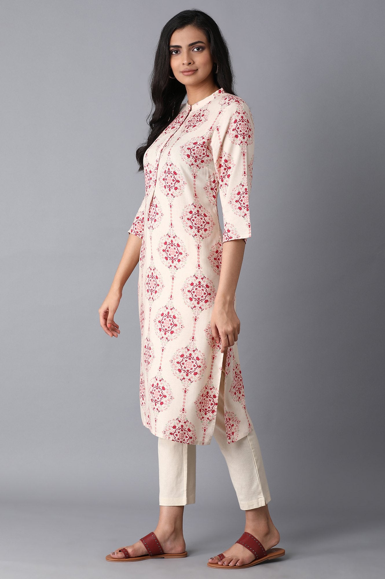 Beige And Green Printed Straight Mandarin Collar Kurta Combo - wforwoman