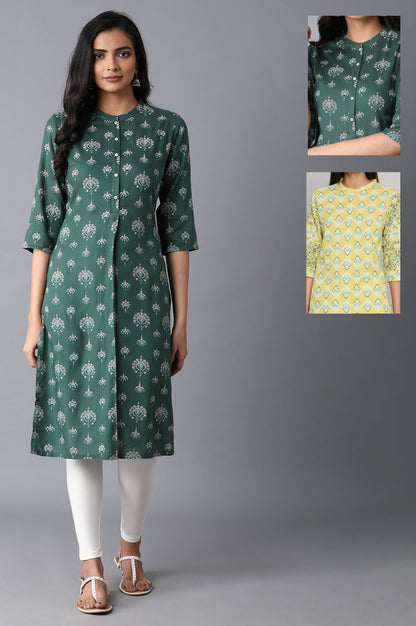 Dark Green And Light Green Printed Mandarin Collar Kurta Combo - wforwoman