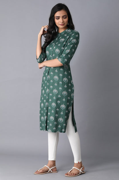 Dark Green And Light Green Printed Mandarin Collar Kurta Combo - wforwoman