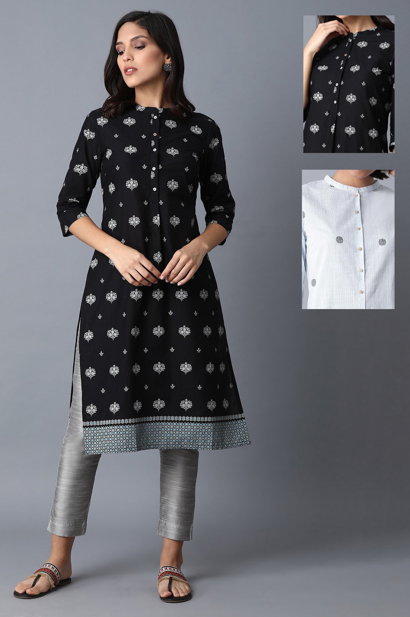 Black And Light Blue Printed Pure Cotton Straight Kurta Combo - wforwoman