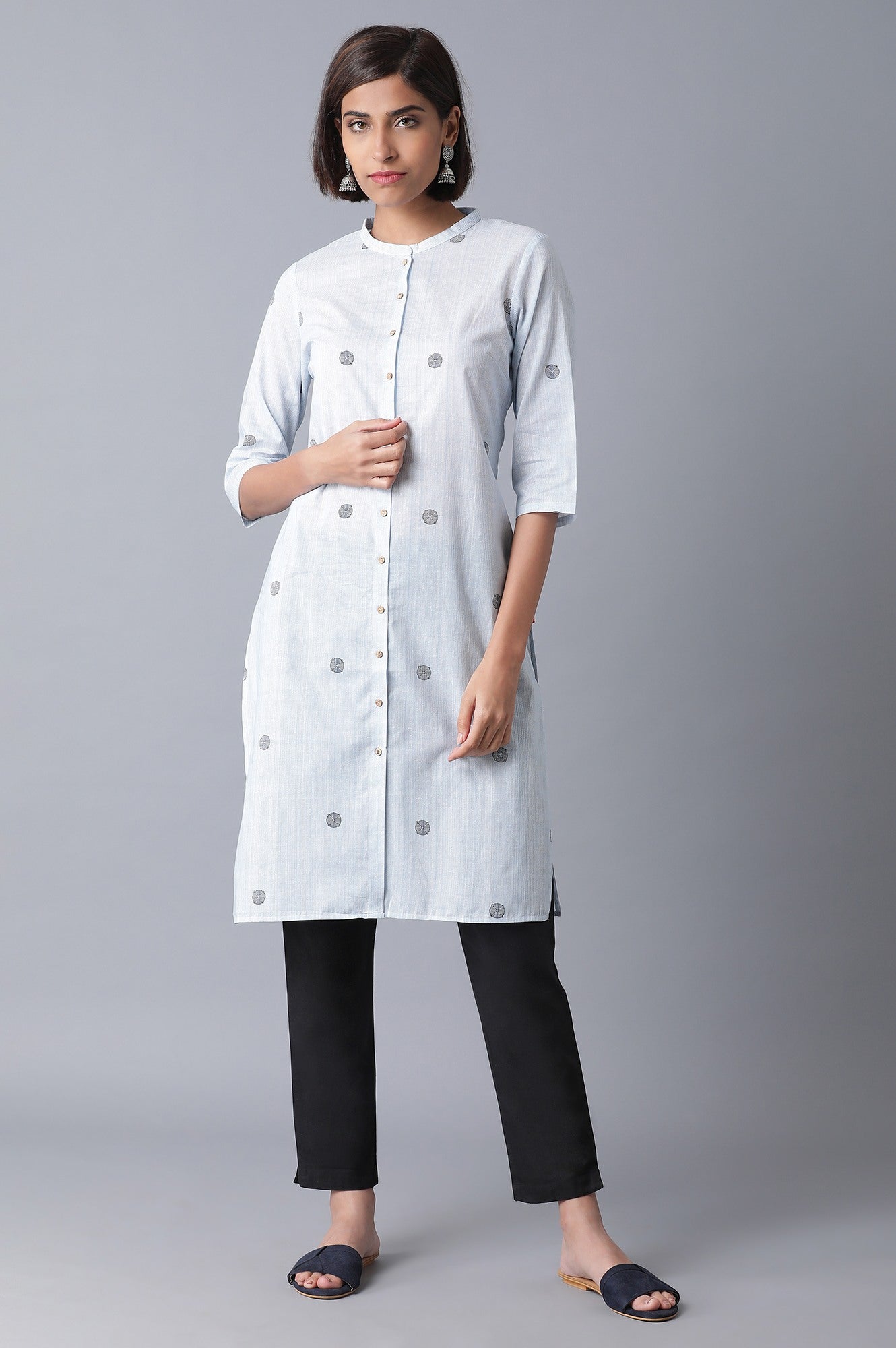 Black And Light Blue Printed Pure Cotton Straight Kurta Combo - wforwoman