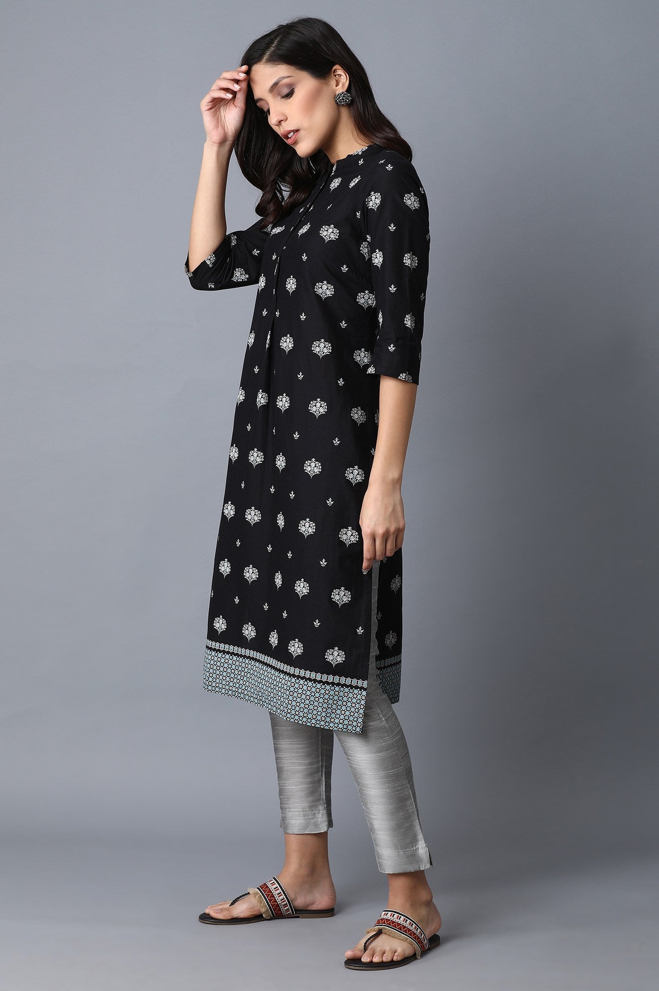 Black And Light Blue Printed Pure Cotton Straight Kurta Combo - wforwoman