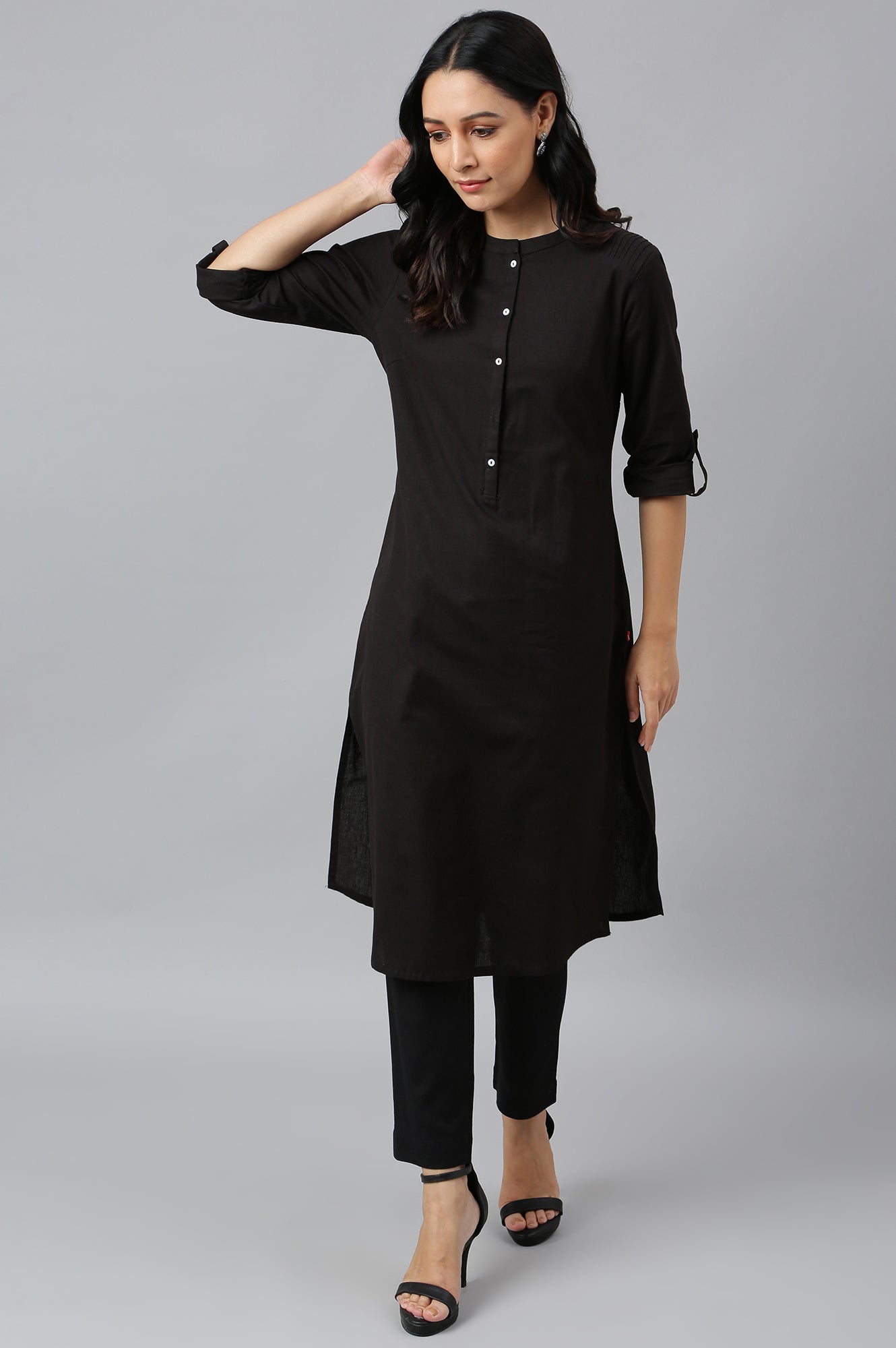 Light Blue Printed Pure Cotton &amp; Solid Black Cotton Flax Kurta Combo - wforwoman