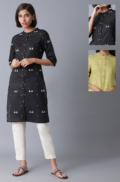 Black And Lime Green Printed Mandarin Collar Straight Kurta Combo - wforwoman