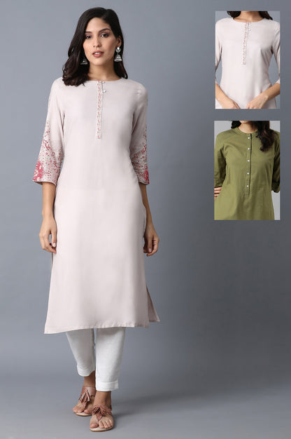 Light Pink Printed Rayon Kurta &amp; Green Cotton Flax Solid Kurta Combo - wforwoman