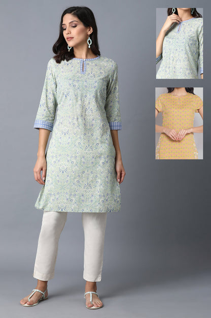 Yellow Printed Rayon Straight Kurta &amp; Green Printed Cotton Straight Kurta Combo - wforwoman