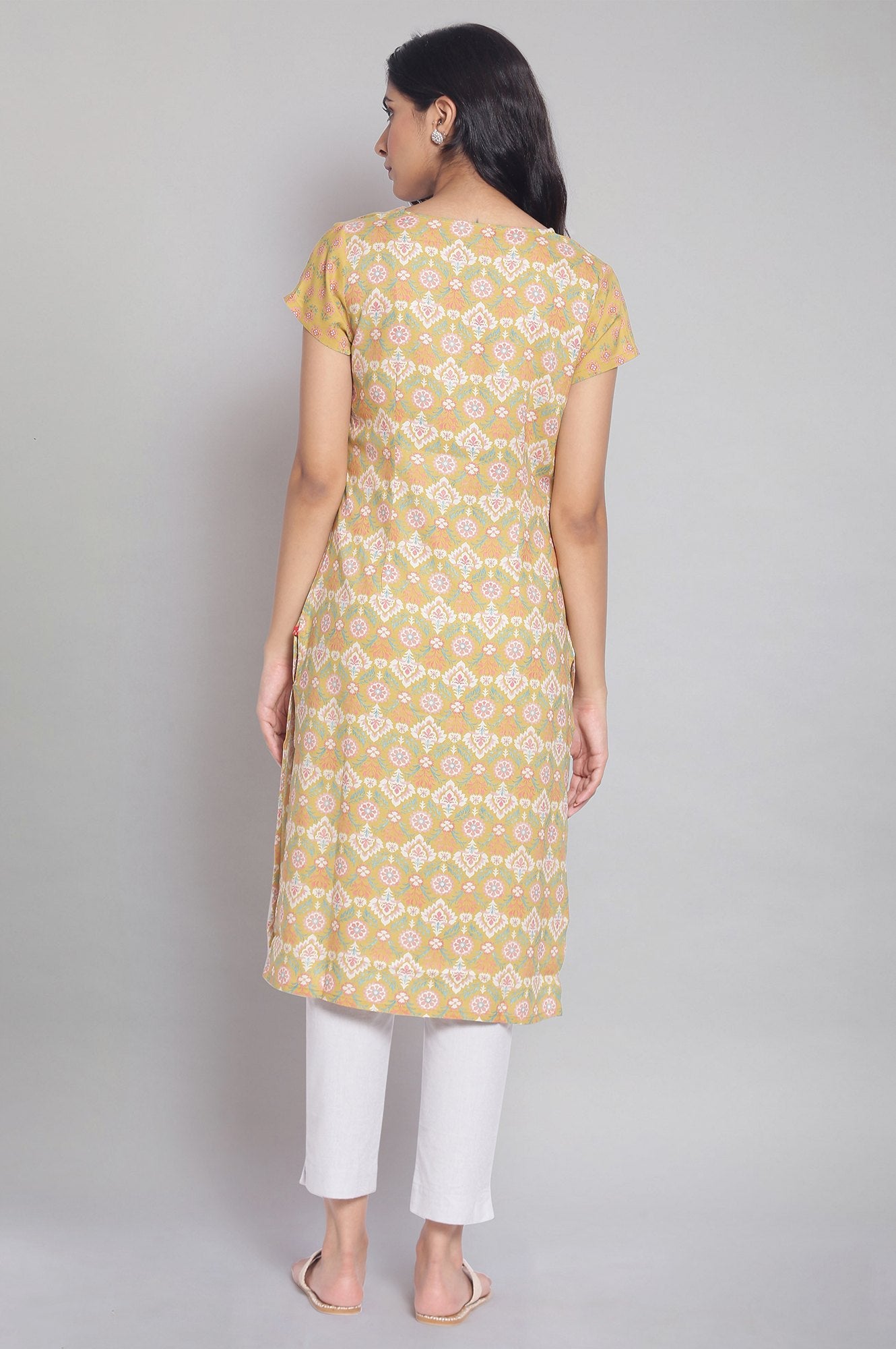 Yellow Printed Rayon Straight Kurta &amp; Green Printed Cotton Straight Kurta Combo - wforwoman