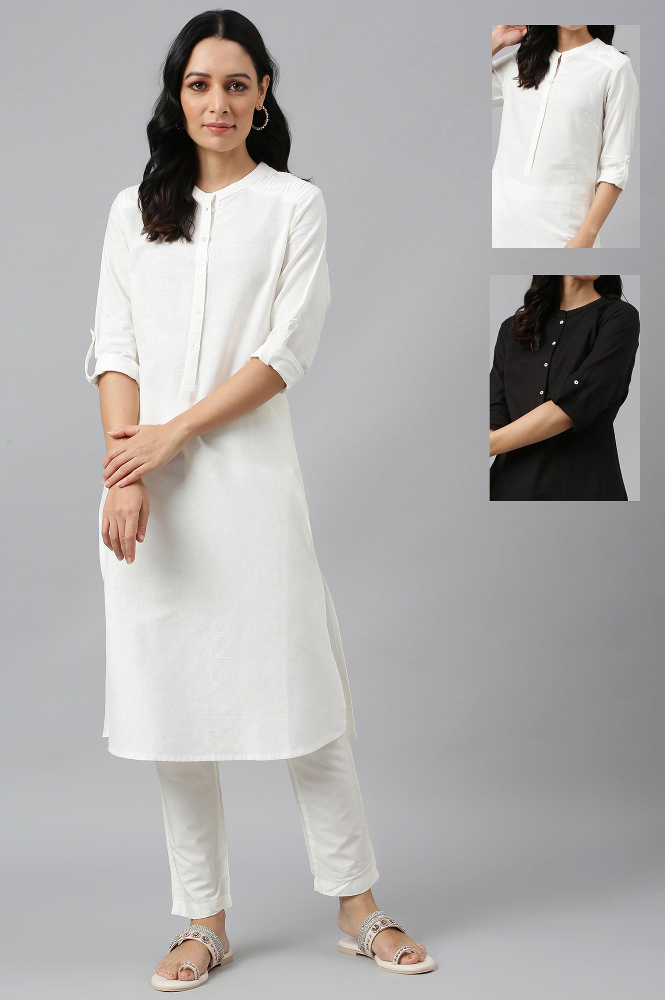 Black And White Half Placket Cotton Flax Kurta Combo - wforwoman