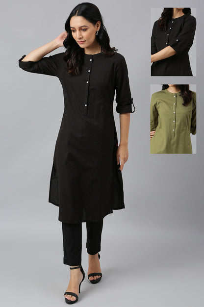 Black And Green Half Placket Cotton Flax Kurta Combo - wforwoman