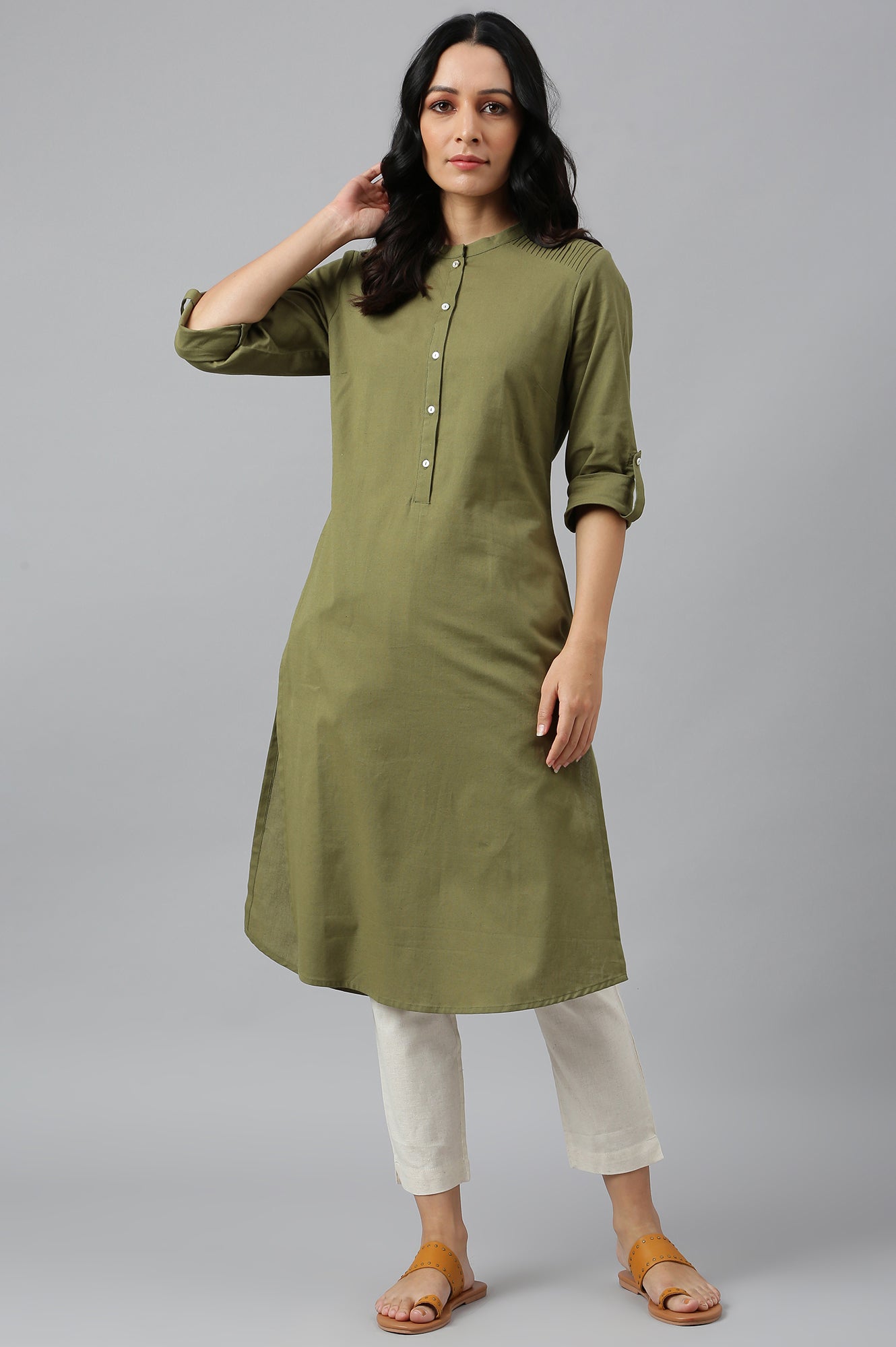 Black And Green Half Placket Cotton Flax Kurta Combo - wforwoman