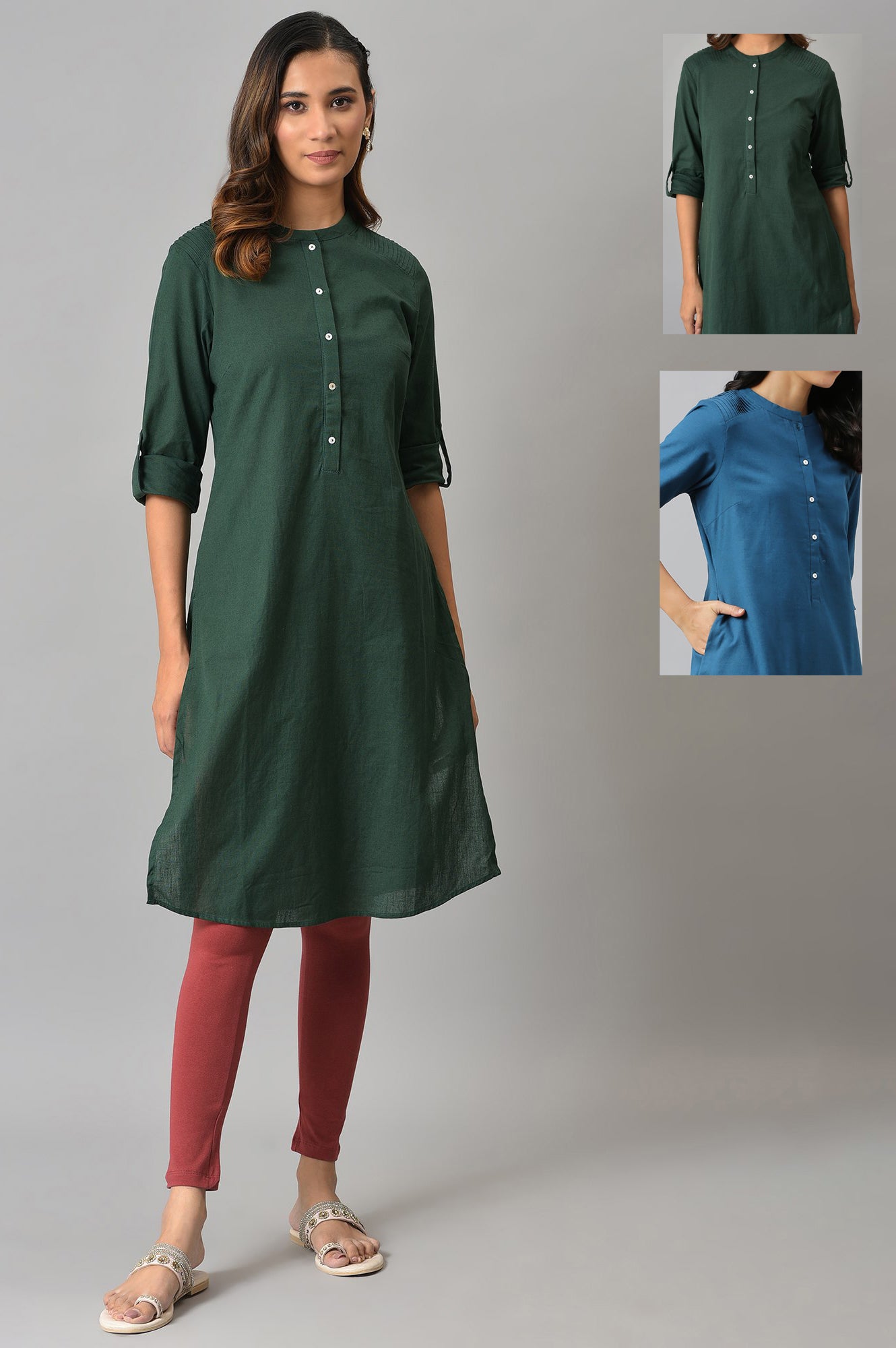 Green And Blue Half Placket Cotton Flax Kurta Combo - wforwoman