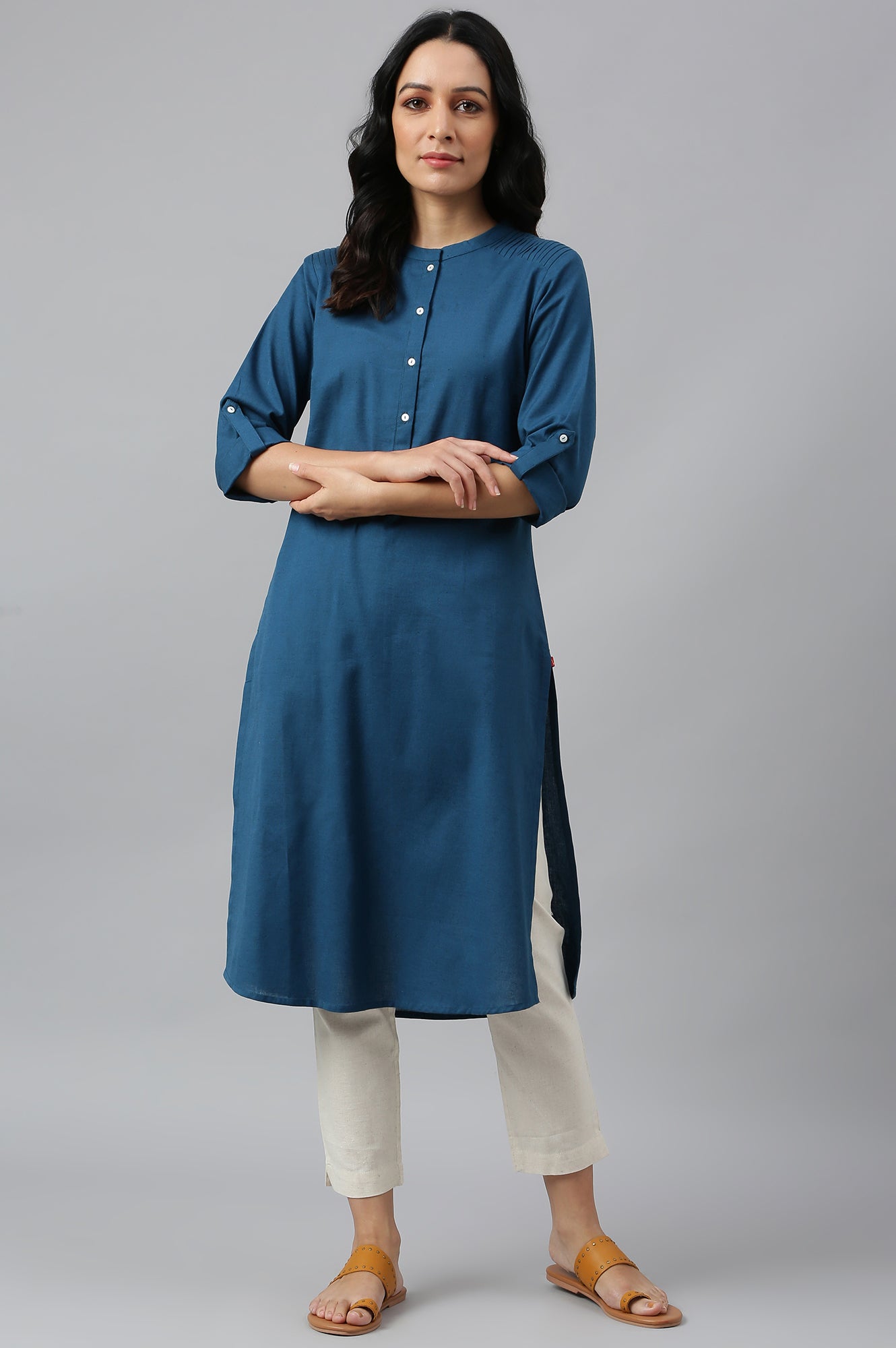 Green And Blue Half Placket Cotton Flax Kurta Combo - wforwoman