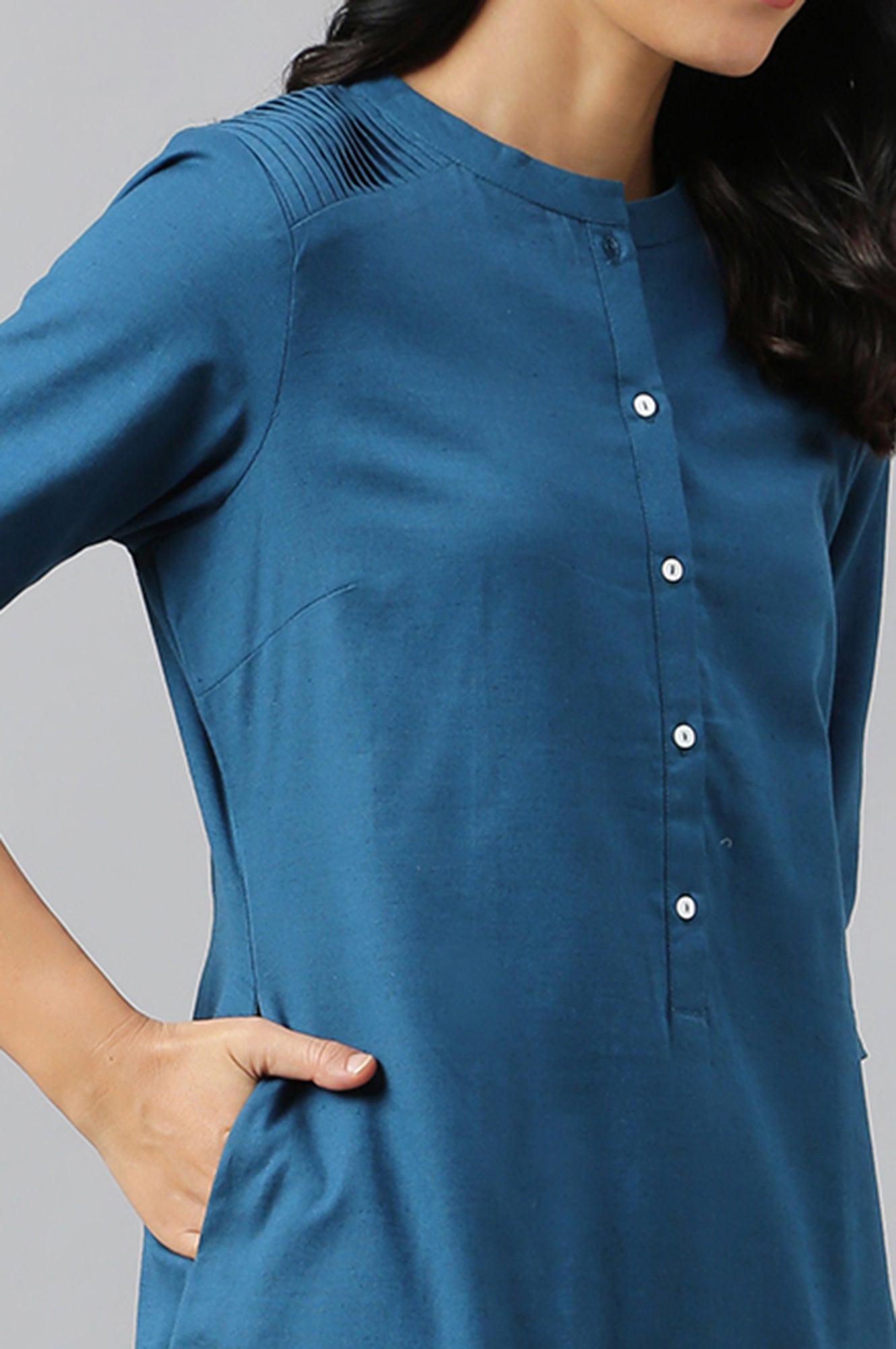 Green And Blue Half Placket Cotton Flax Kurta Combo - wforwoman