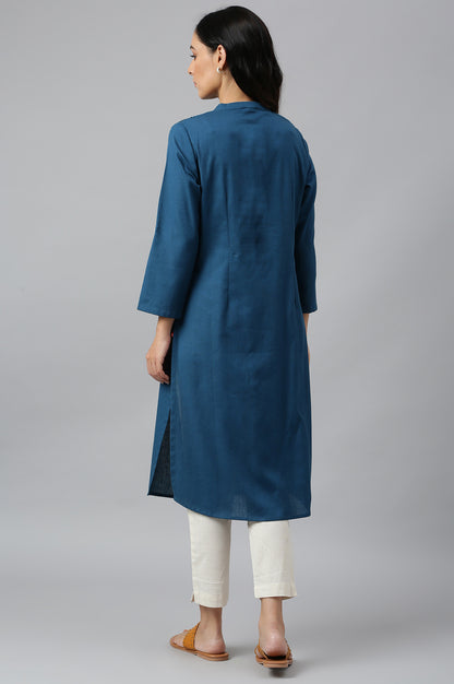 Green And Blue Half Placket Cotton Flax Kurta Combo - wforwoman