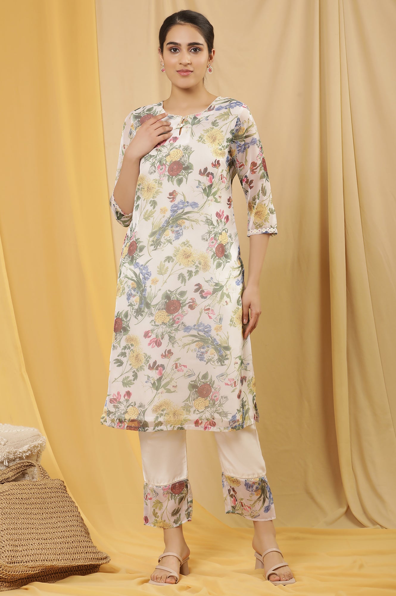 White Layered Organza Floral Printed Kurta