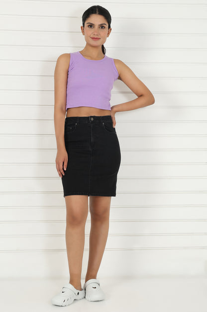 Black Denim Lycra Mid Rise Mid Thigh Length Skirt – wforwoman