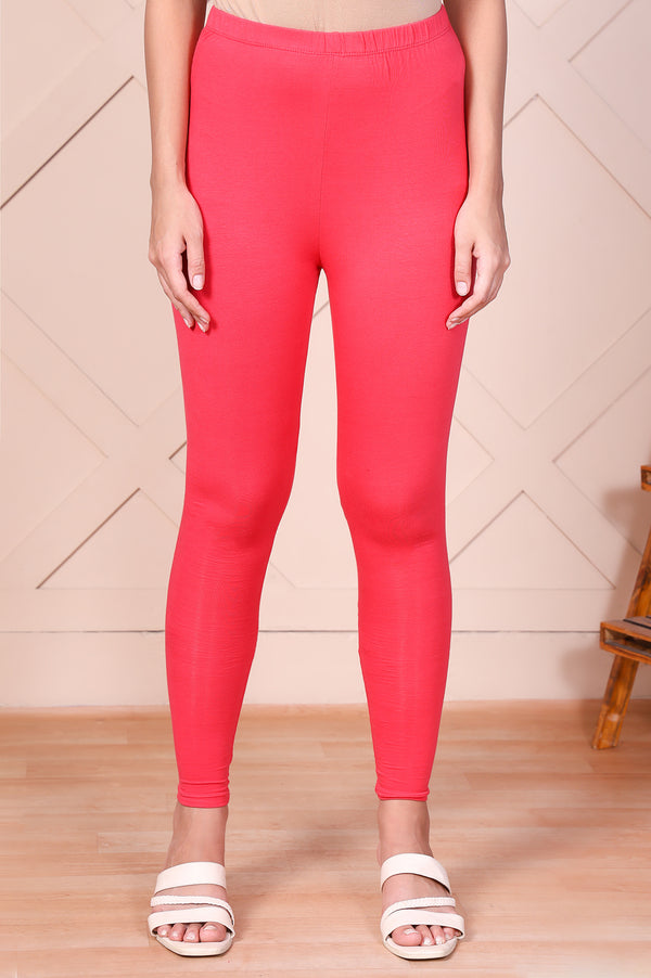 Pink Solid Ankle-Length Cotton Leggings