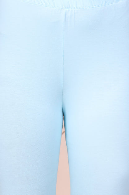Light Blue Solid Ankle-Length Cotton Leggings