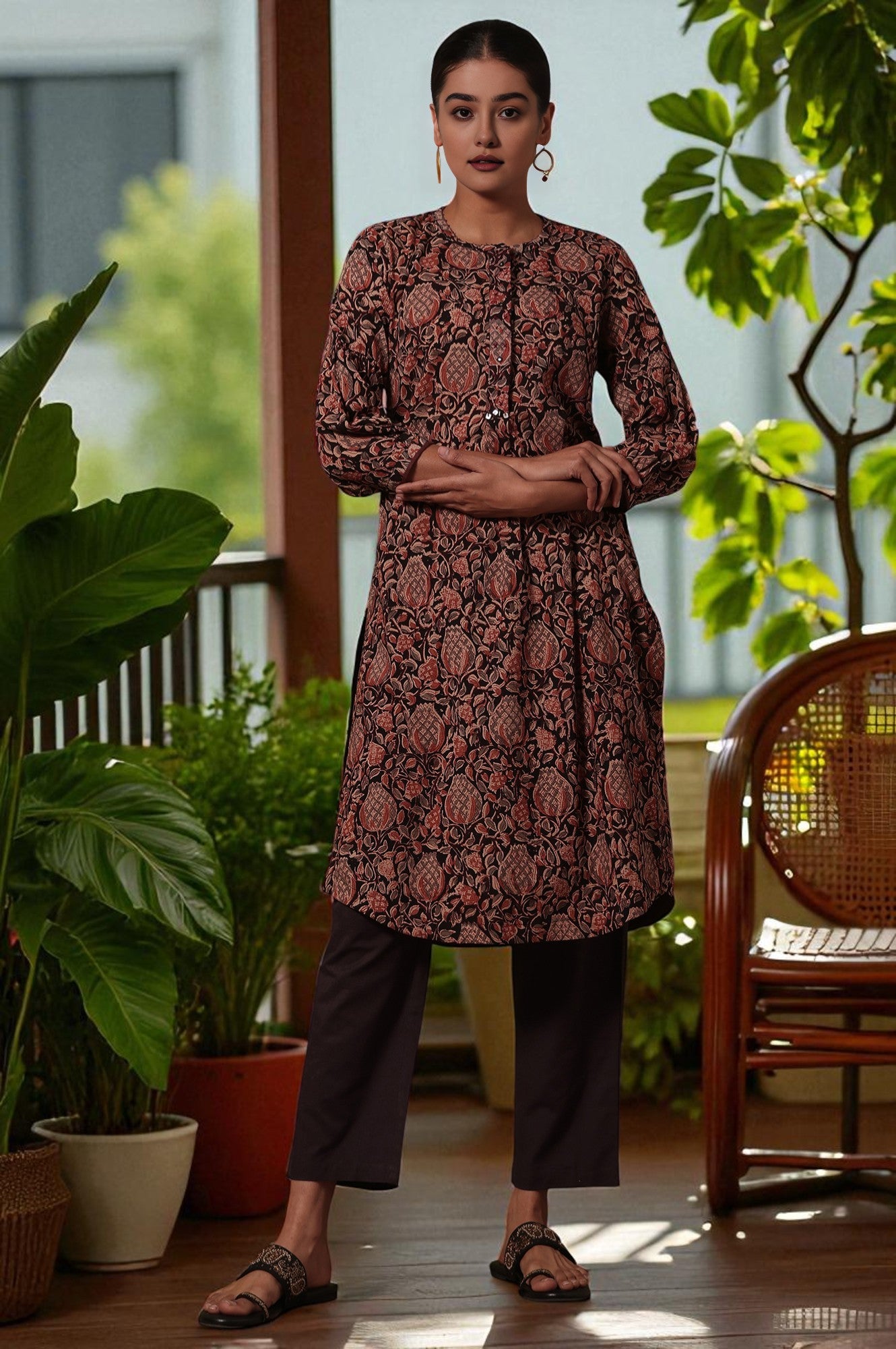 Brown Printed Straight Pure Cotton Kurta