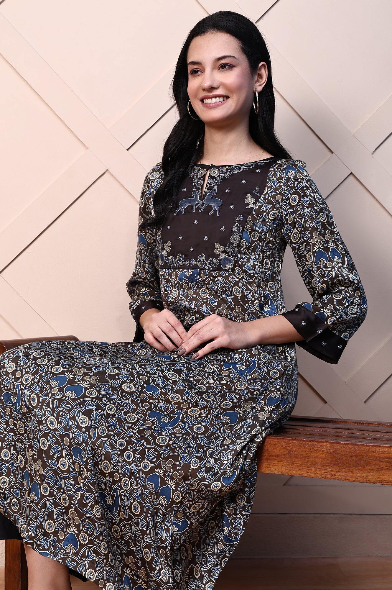 Brown Ajrak Printed Embroidered Modal Satin Flared Kurta